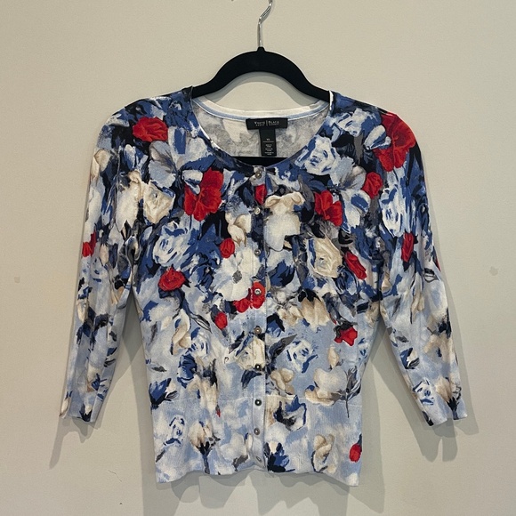 White House Black Market Sweaters - White Houses Black Market Women's Floral Artsy 3/4 Sleeve Cardigan Sweater Size